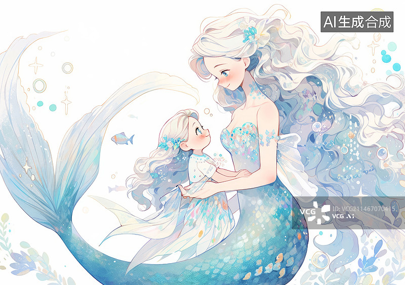 【AI数字艺术】美人鱼妈妈和宝宝图片素材