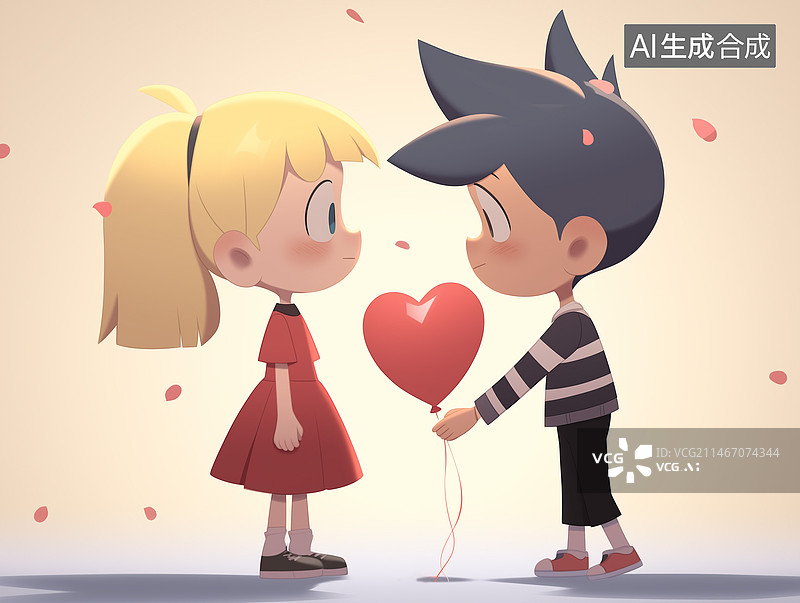 【AI数字艺术】可爱的男孩和女孩拿着气球，浪漫情人节插画图片素材