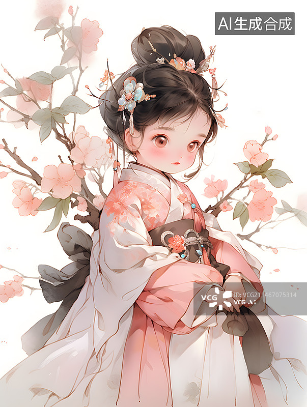 【AI数字艺术】可爱的粉色汉服女孩水彩二次元图片素材