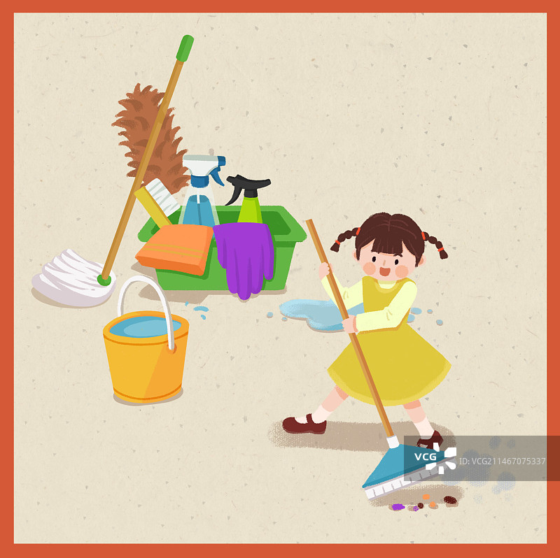 小女孩扫地劳动清洁工具水桶拖地清洁卫生动作图片素材