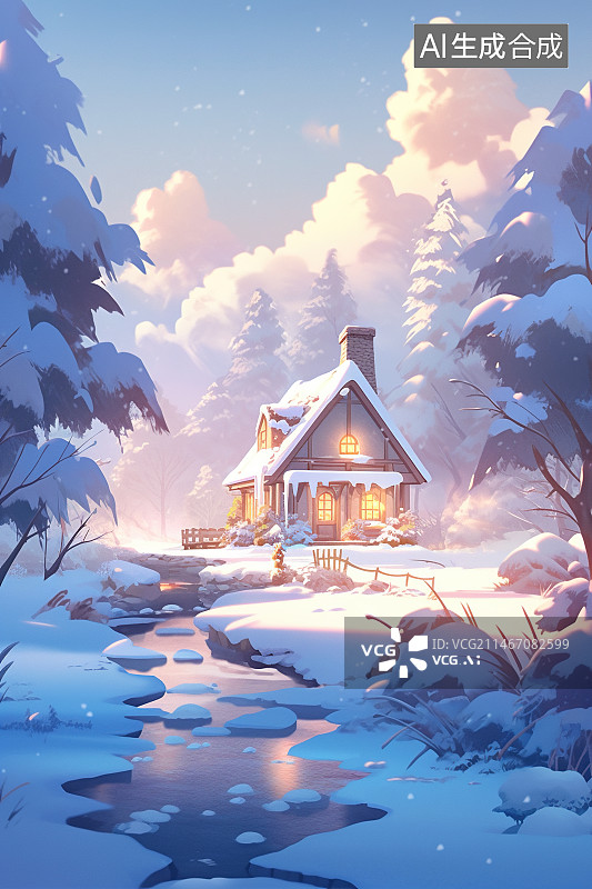 【AI数字艺术】冬天湖边雾凇下的小屋图片素材