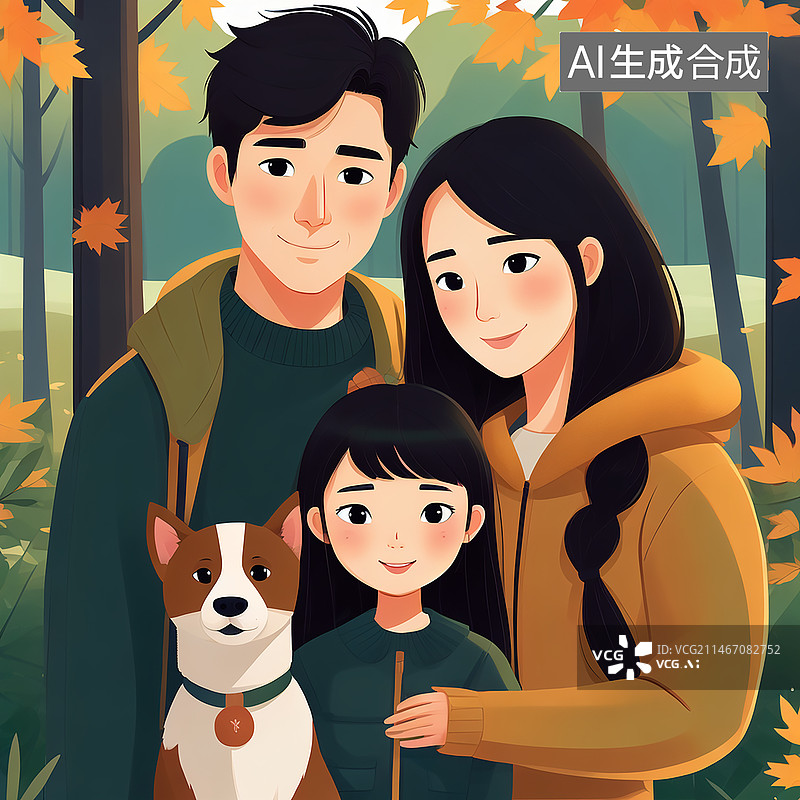 【AI数字艺术】一家三口带着狗露营，秋冬季节图片素材