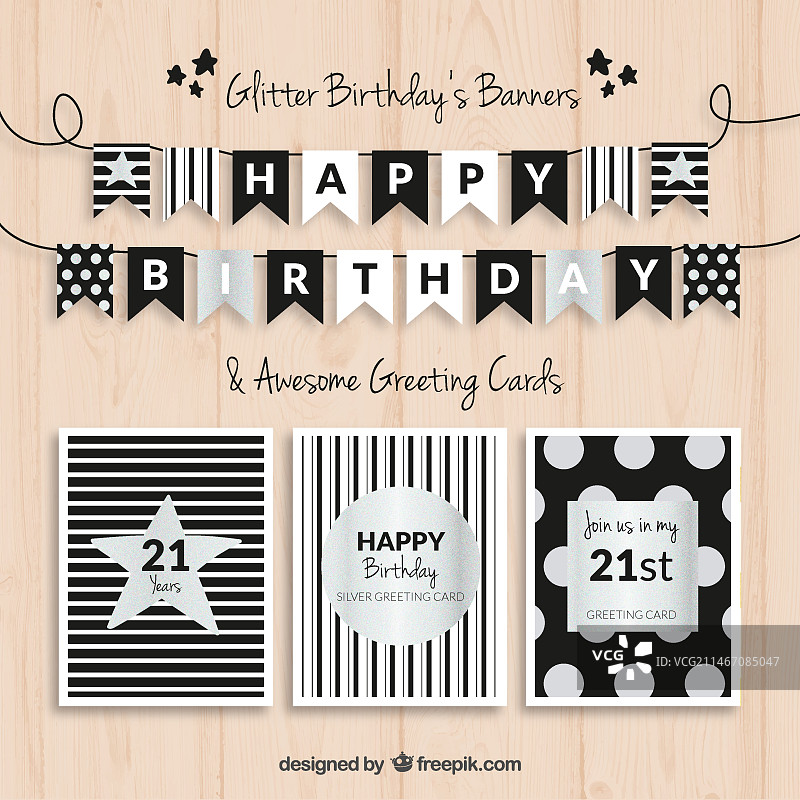 黑色和银色生日横幅和卡片图片素材