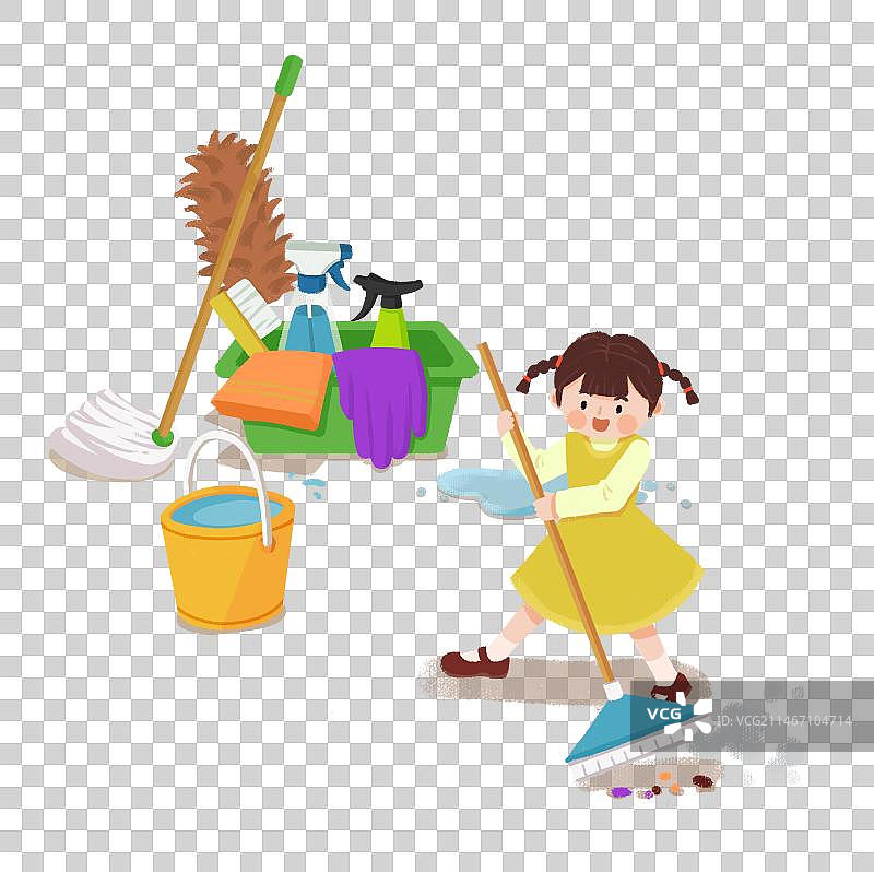 年俗-腊月二十四扫房子扫地的小孩家庭清洁工具大扫除场景图片素材