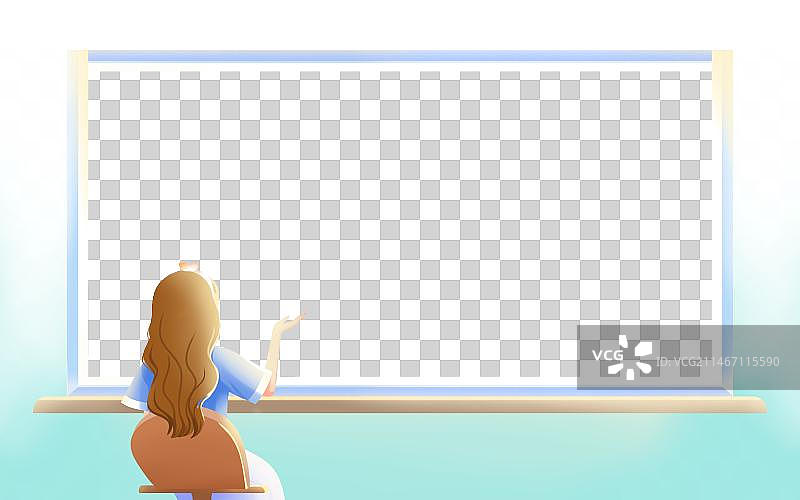 坐在长方形窗口前的少女背影，清新卡通系列免扣元素图片素材
