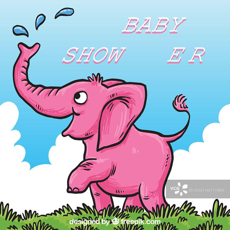 手绘粉色小象迎婴派对贺卡图片素材
