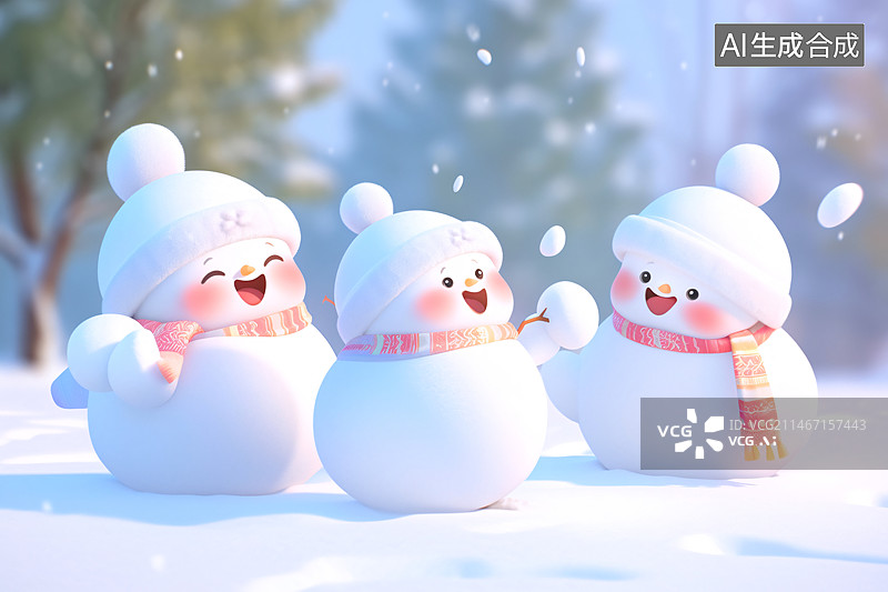 【AI数字艺术】冬天里可爱的小雪人在雪地微笑3D插画图片素材
