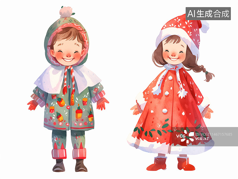 【AI数字艺术】穿着传统服装的兄弟姐妹肖像，圣诞节，男孩子，女孩子，亚洲面孔，插画图片素材