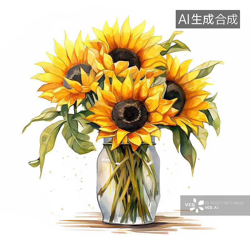 【AI数字艺术】白色背景下花瓶里的向日葵特写镜头图片素材