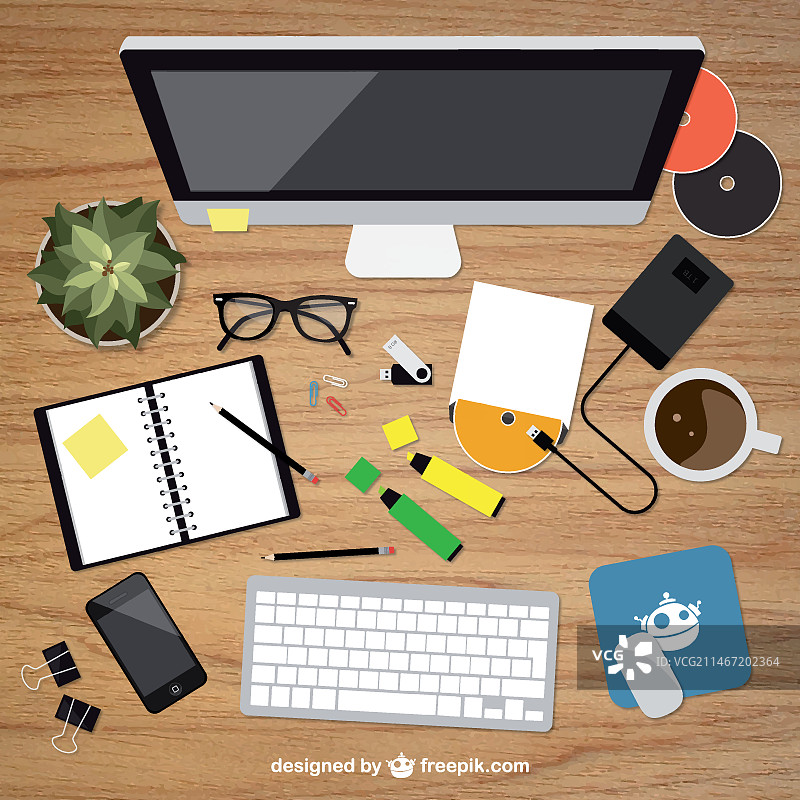 俯视角度的逼真平面设计师桌面图片素材