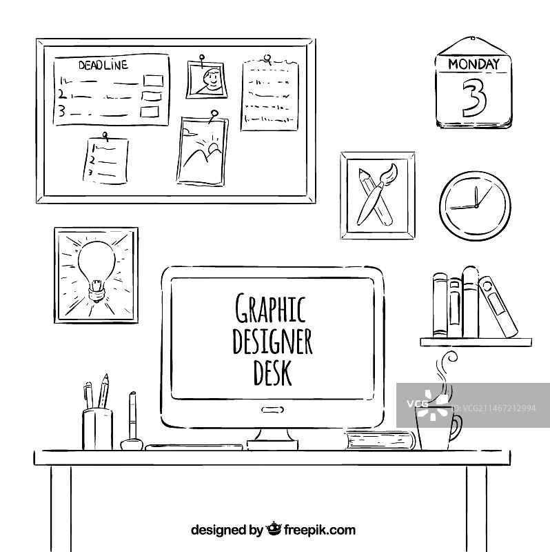 图形设计师办公桌用品简笔画图片素材