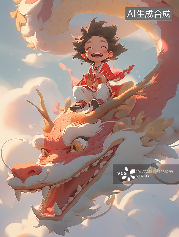 【AI数字艺术】骑着中国龙的少女图片素材