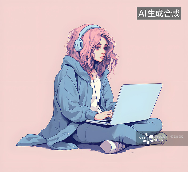 【AI数字艺术】年轻女子坐在地上用笔记本电脑图片素材