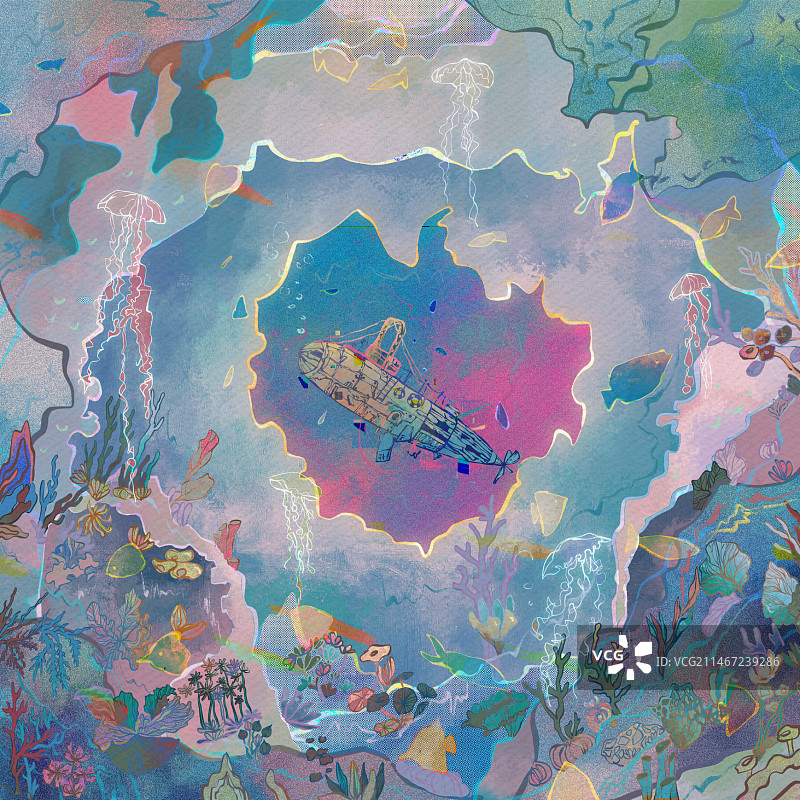 海底世界潜水艇鱼珊瑚水草唯美梦幻肌理插画图片素材