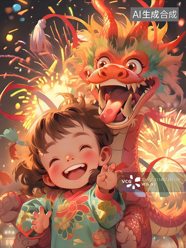 【AI数字艺术】龙年插画春年新年热闹氛围烟花小孩可爱喜庆中国文化传统红色国潮风格图片素材