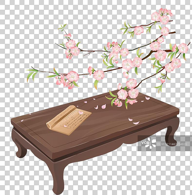 桃花树下木桌图片素材