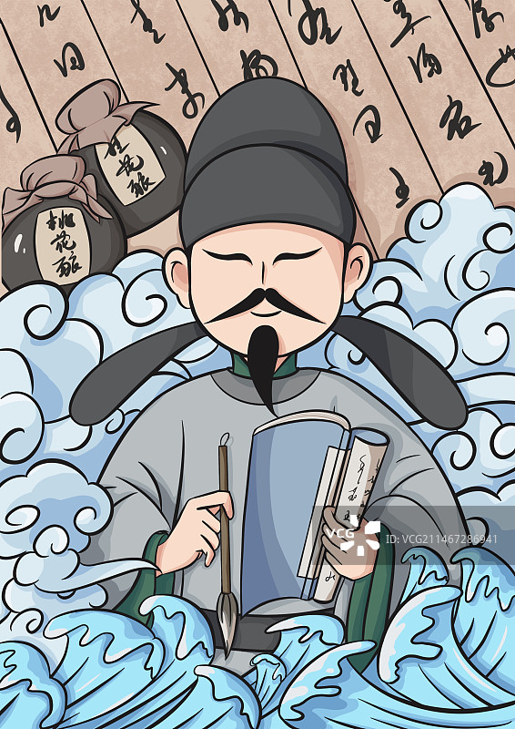 李白粗线国潮插画图片素材