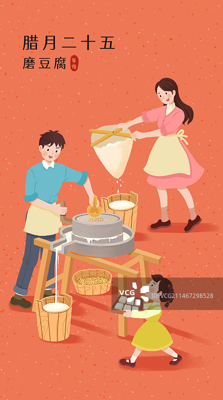 年俗-腊月二十五磨豆腐石磨做豆腐一家三口家庭红背景长图图片素材