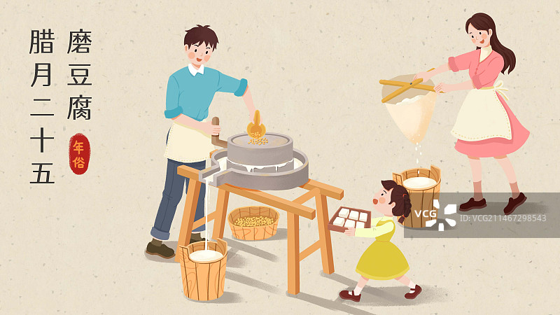 年俗-腊月二十五磨豆腐石磨做豆腐一家三口家庭浅背景横图图片素材