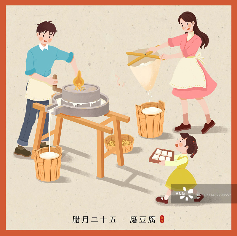 年俗-腊月二十五磨豆腐石磨做豆腐一家三口家庭浅背景方图图片素材
