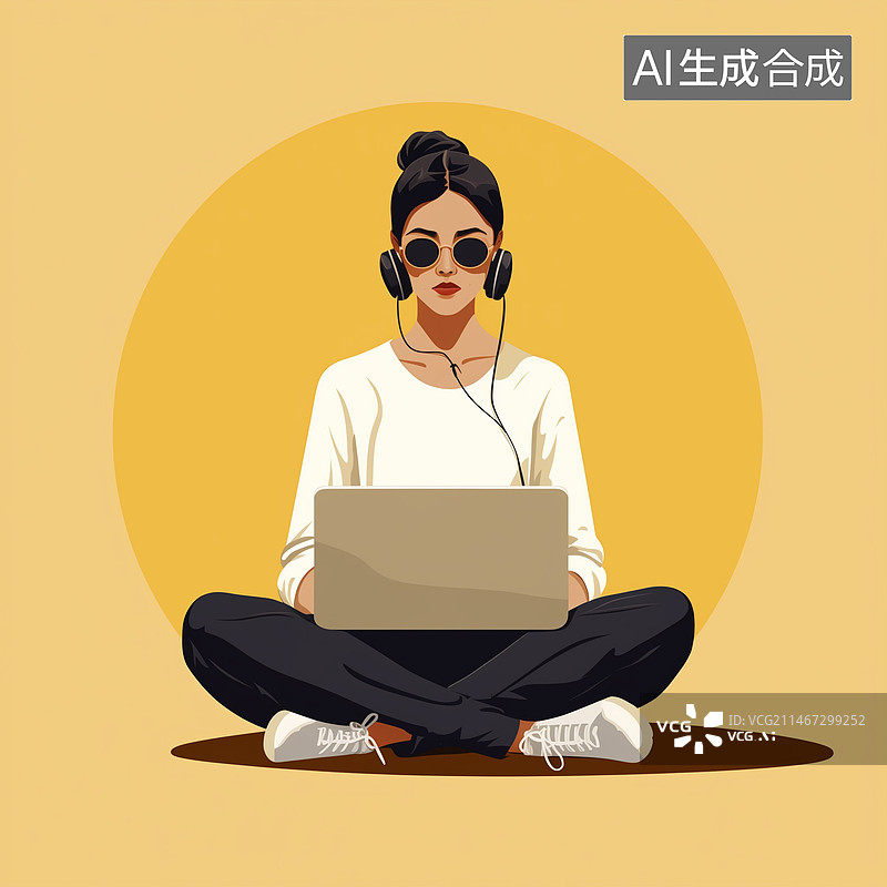 【AI数字艺术】插图，插画，模版，元素，海报，人物，女人，女孩，电脑，做在地上，工作，时尚，抽象，扁平风，简洁，平面图片素材