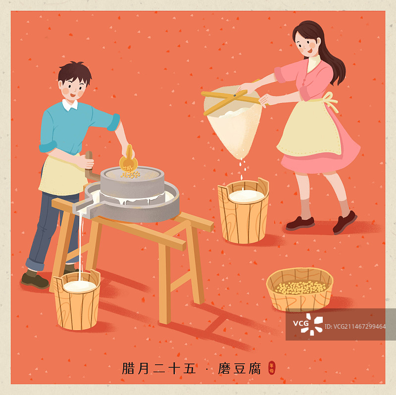 年俗-腊月二十五磨豆腐石磨做豆腐情侣男女家庭红背景方图图片素材