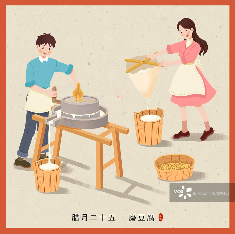 年俗-腊月二十五磨豆腐石磨做豆腐情侣男女家庭浅背景方图图片素材