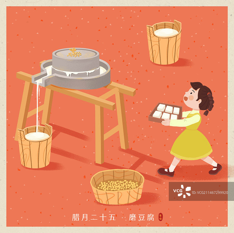 年俗-腊月二十五磨豆腐石磨做豆腐小女孩端豆腐红背景方图图片素材