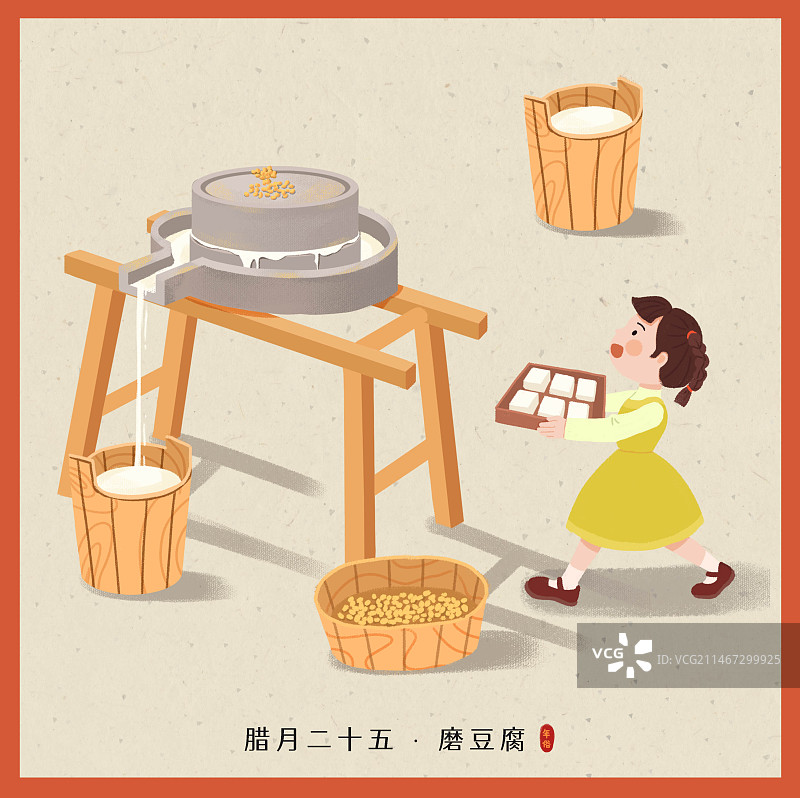 年俗-腊月二十五磨豆腐石磨做豆腐小女孩端豆腐浅背景方图图片素材