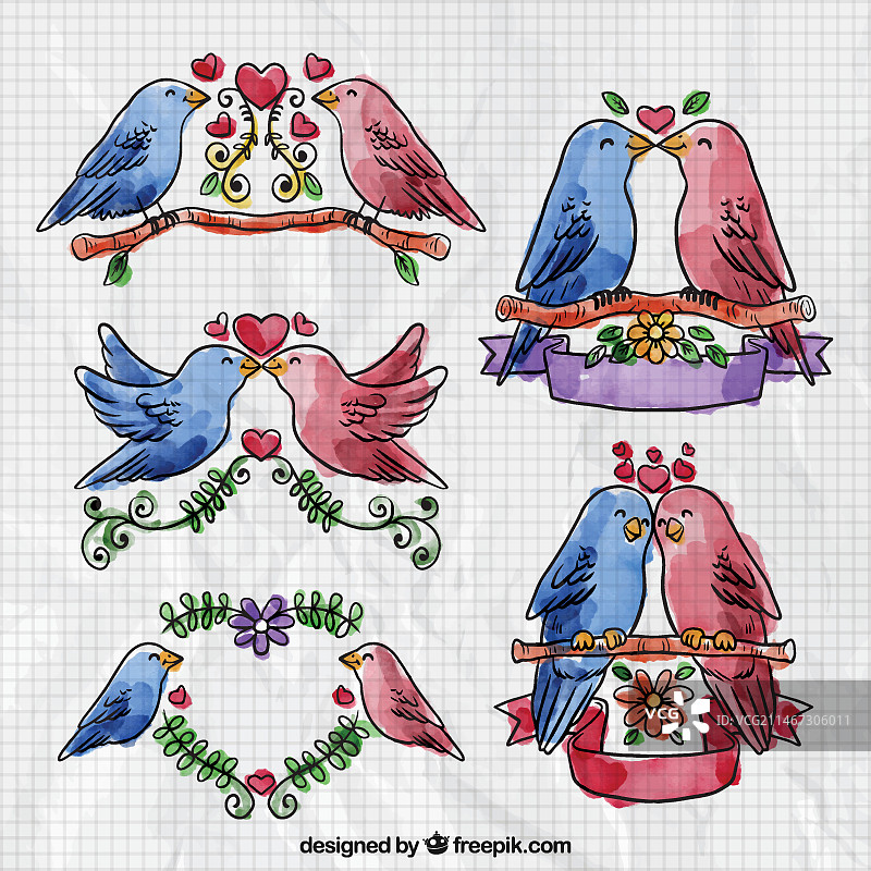 水彩情人节小鸟合集图片素材