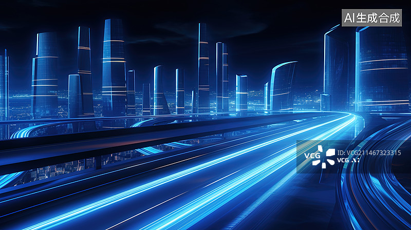 【AI数字艺术】蓝色发光城市和高架图片素材