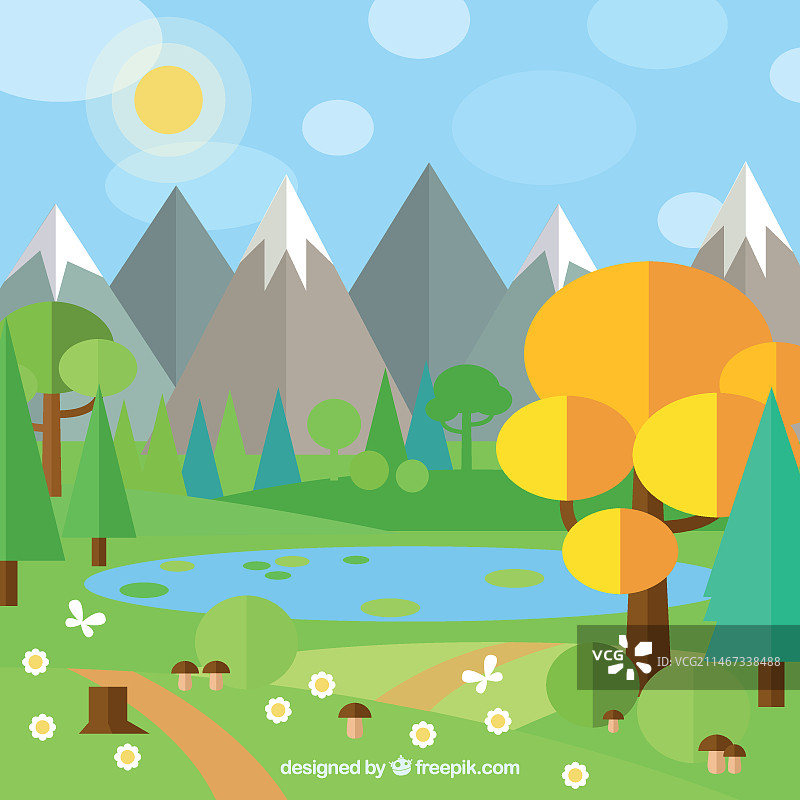 扁平风格树木山脉风景图片素材