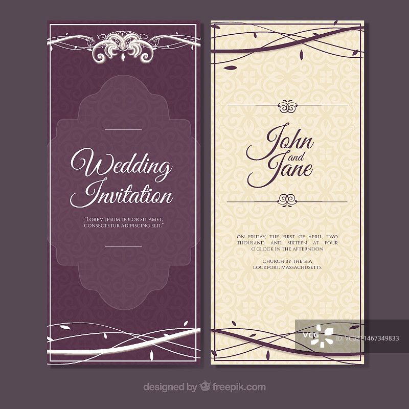 紫色复古婚礼请柬与手绘树枝图片素材