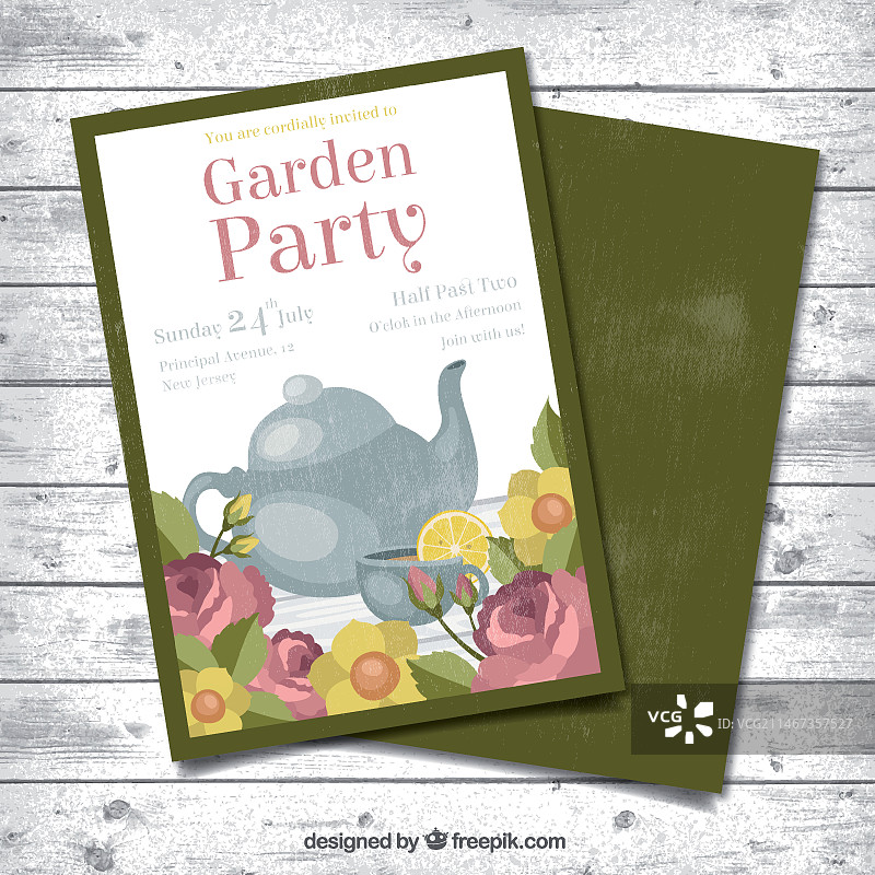带茶壶的花园派对花卉卡片图片素材