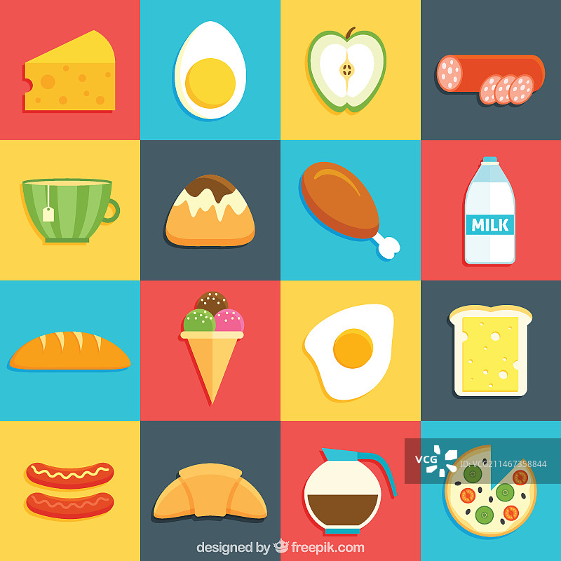扁平风格的美味混合食物图片素材