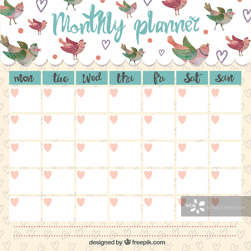 可爱风小鸟月度计划表图片素材