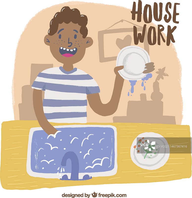 手绘男人洗碗图片素材