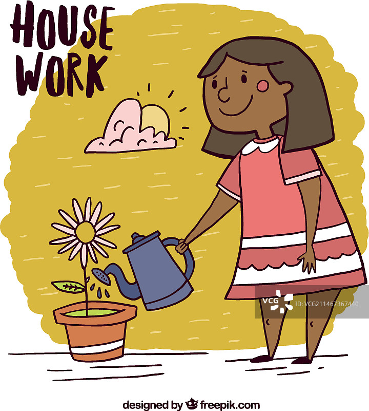 手绘儿童浇灌雏菊图片素材