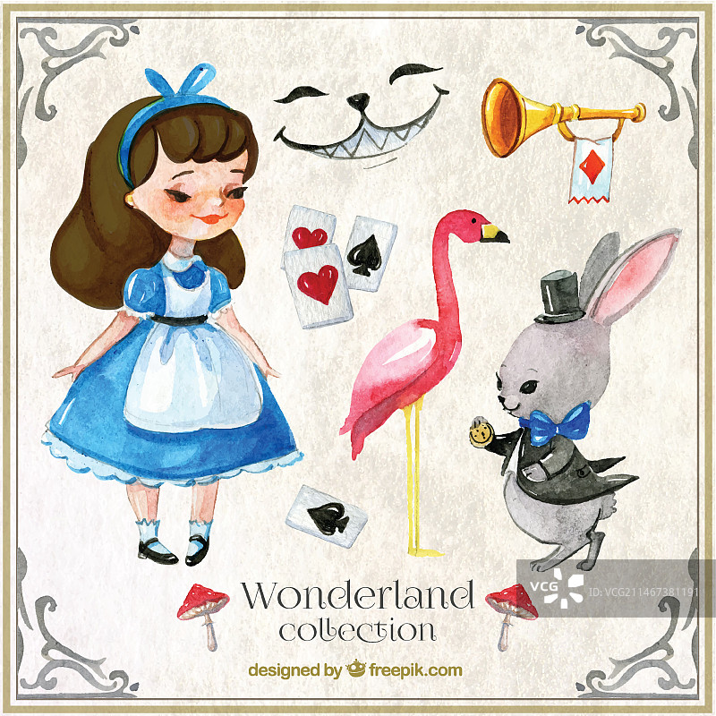 爱丽丝梦游仙境水彩人物和元素图片素材