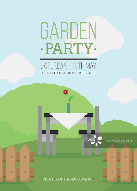 带桌子和围栏的扁平风花园派对卡片图片素材
