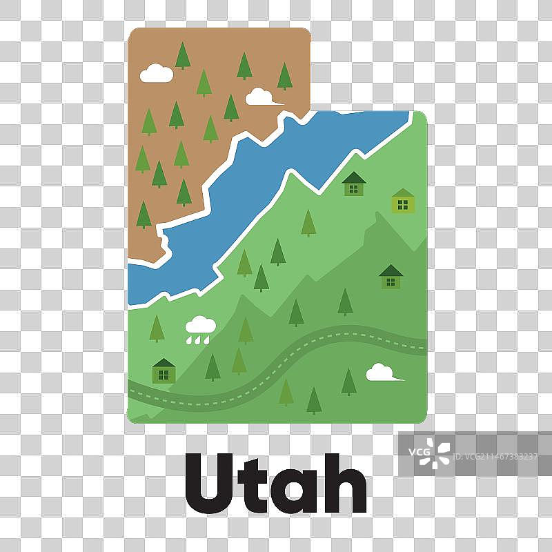 带有森林的犹他州地图卡通风格图片素材