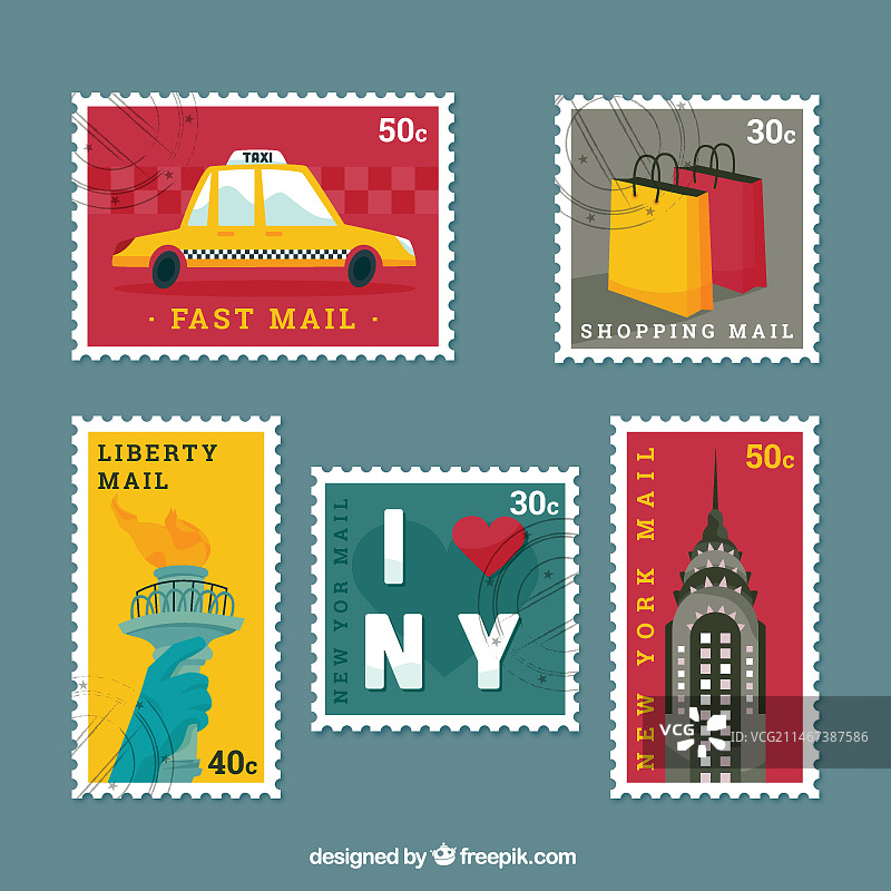 扁平设计的复古纽约邮票图片素材
