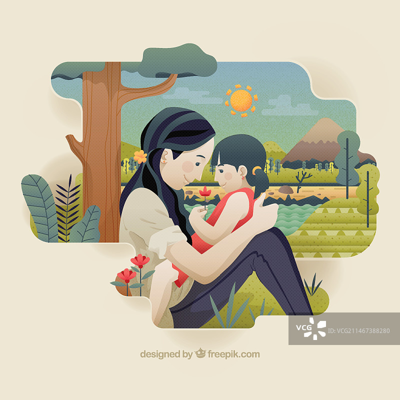 美丽的母亲和她的小女儿插画图片素材