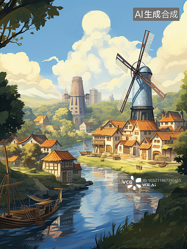 【AI数字艺术】城镇村庄河流风车，周围树木和建筑故事插图，动画风格。图片素材