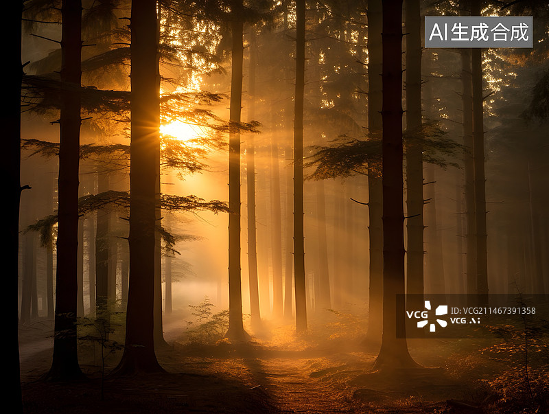 【AI数字艺术】夕阳西下的天空衬托下树木的轮廓图片素材