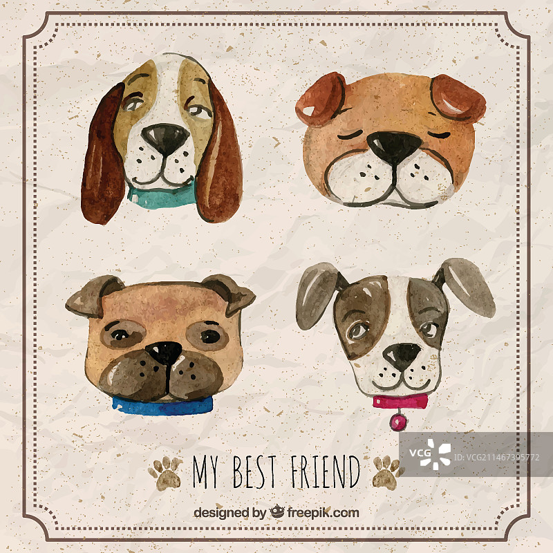 水彩小狗头像套装图片素材