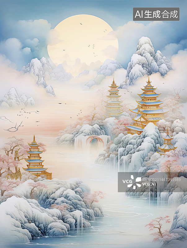 【AI数字艺术】古代冬天大雪覆盖云雾缭绕宫殿庭院仙境意境风景中国画中式图片素材