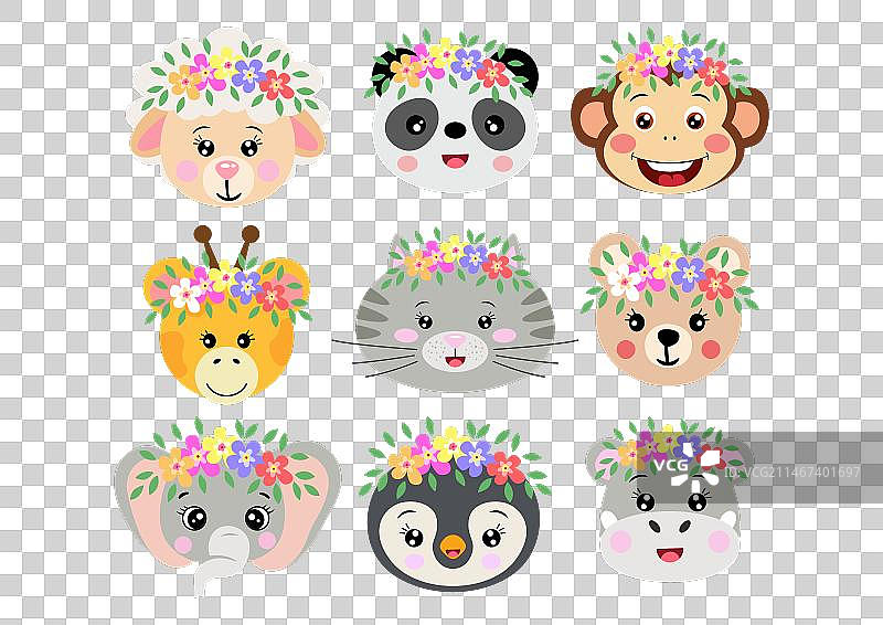一套可爱的动物头像与花环图片素材