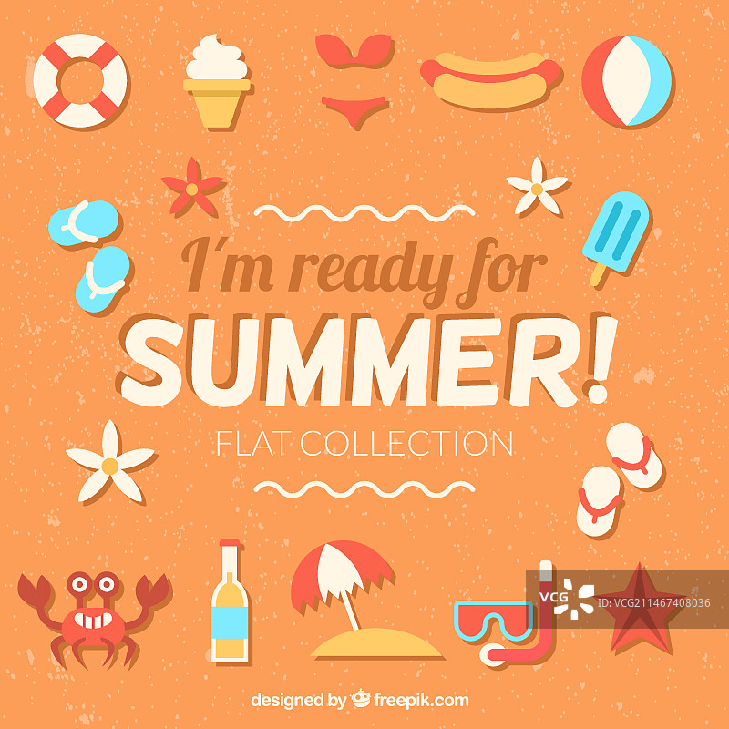 “我已准备好迎接夏天”短语，扁平夏日元素图片素材