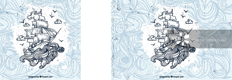 手绘海浪背景上的小船图片素材